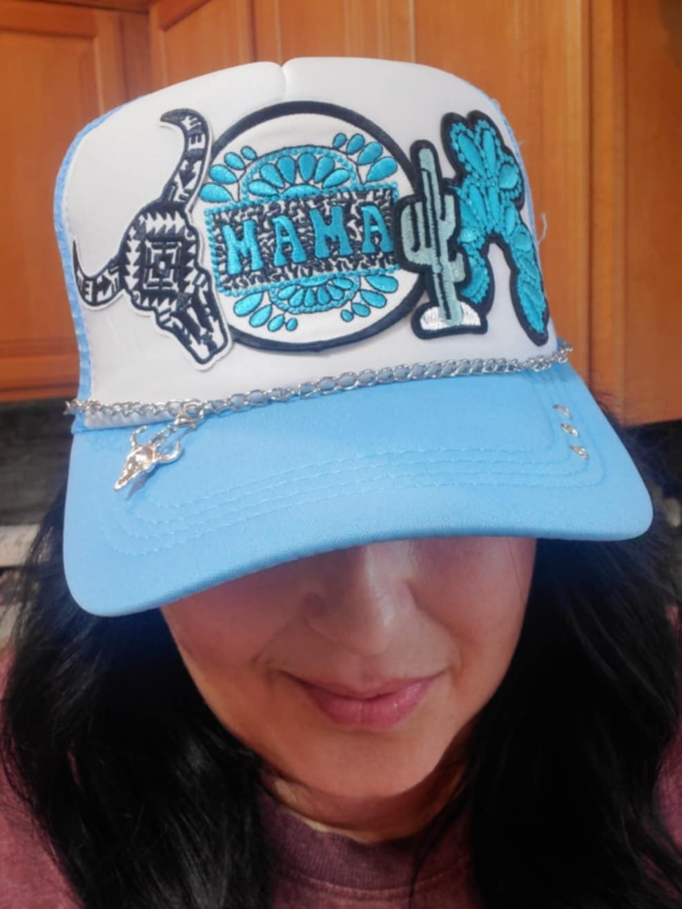 Turquoise and White Trucker Hat with Premium Western Mama Patches