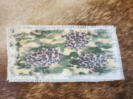 Rustic Iron-On Patches | Handmade Canvas Style Patches with Fringe Edge |Camo and Cheetah Background