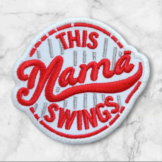 Baseball Mom Patch - "This Mamma Swings" Round Embroidered Iron-On Appliqué