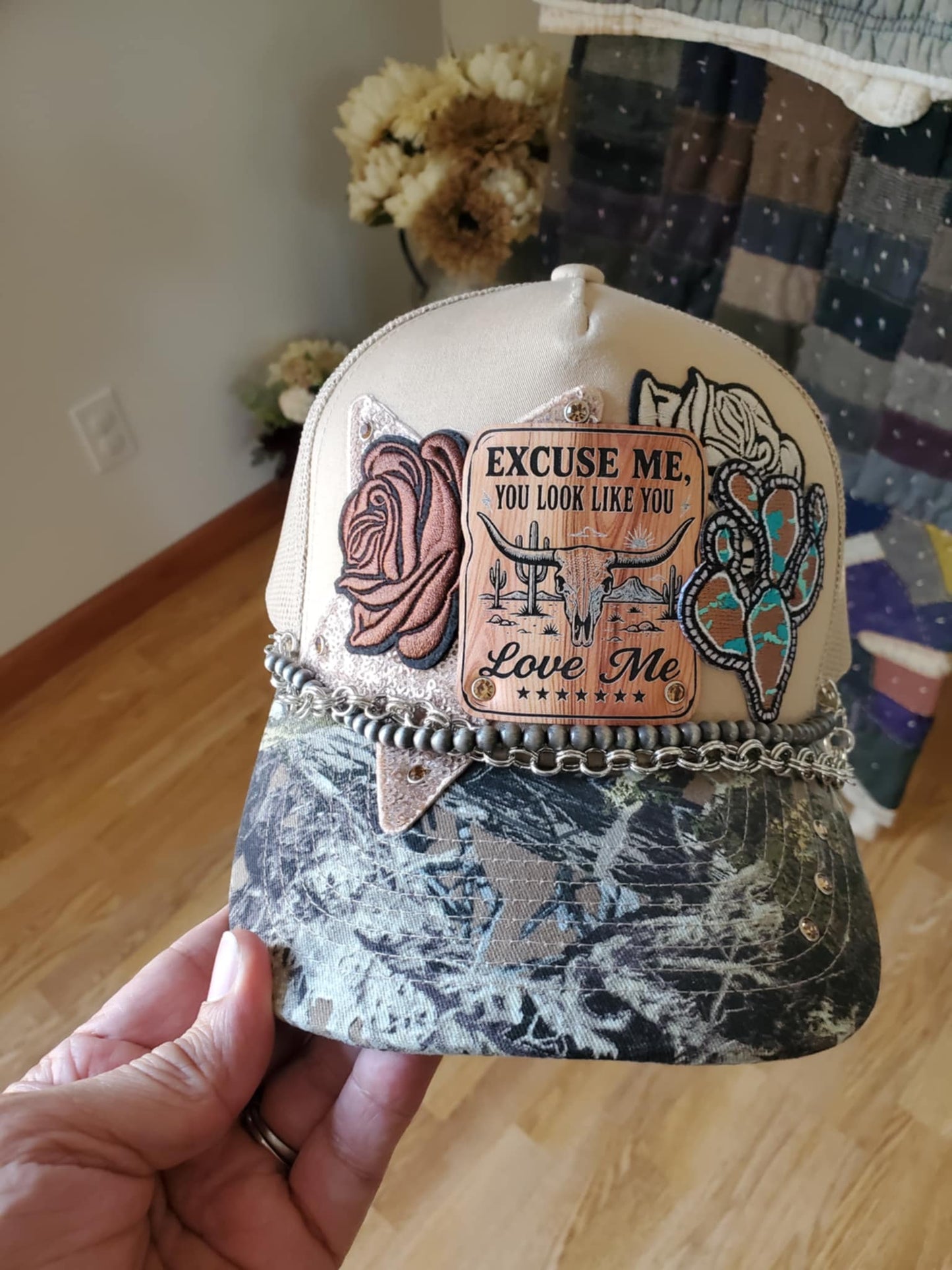 "Excuse Me, You Look Like You Love Me" Leatherette Patch – Southwestern Longhorn Skull, Cactus & Mountains Design  Woodgrain