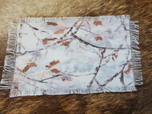 Rustic Iron-On Patches | Handmade Canvas Style Patches with Fringe Edge | Snow Camo Background