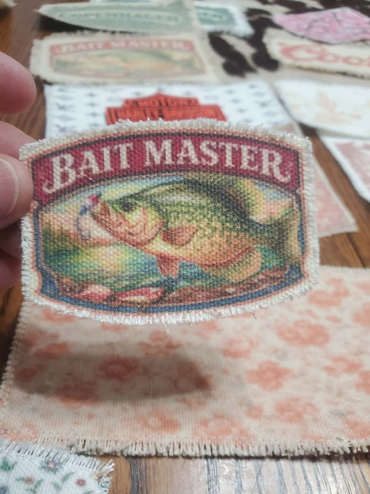 Rustic Iron-On Patches | Handmade Canvas Style Patches with Fringe Edge |Vintage Baitmaster small