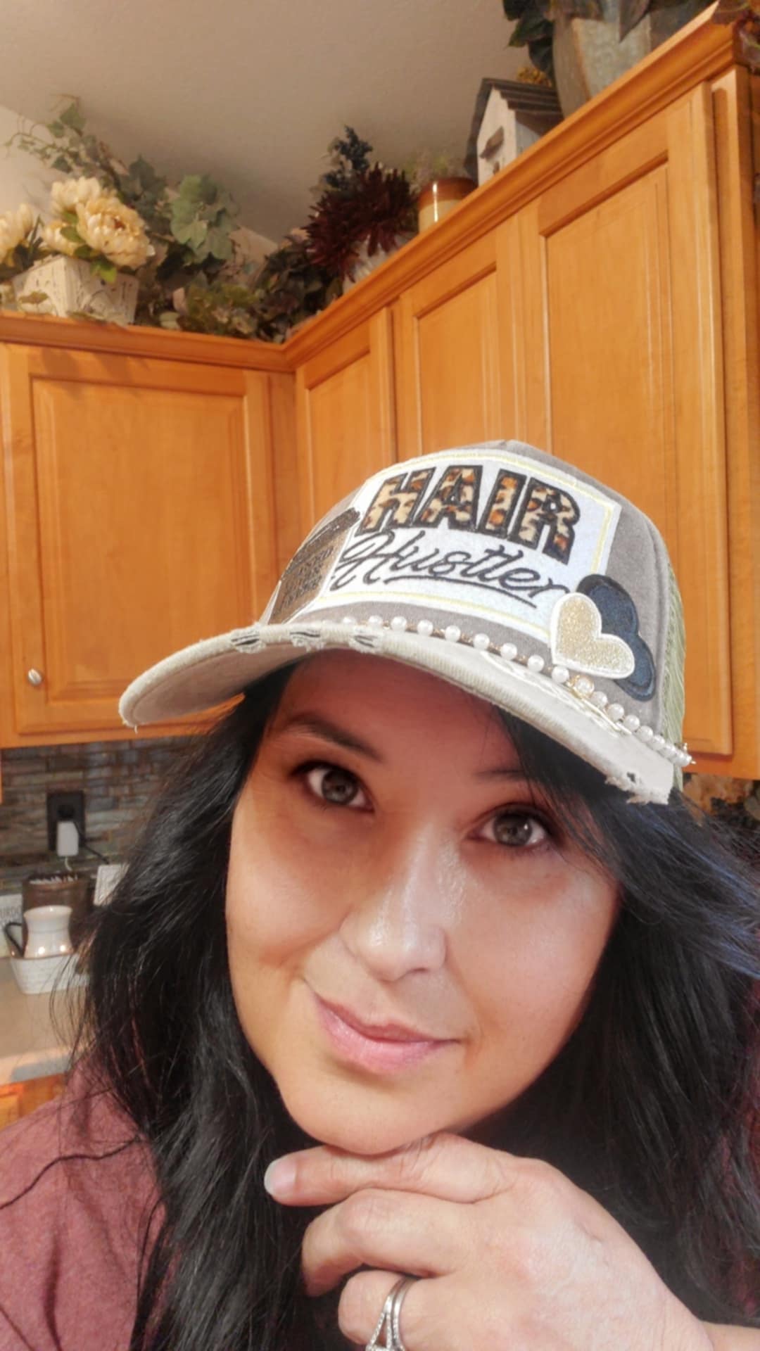 Earth-Tone Distressed Trucker Hat with "Hair Hustler" Patch and Coffee Accent