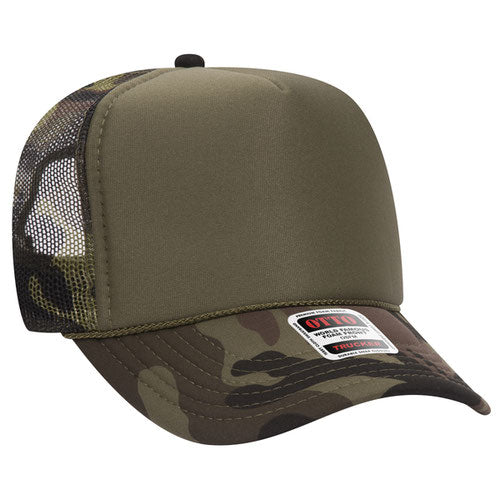 Olive Green Camo with  Solid Front Foam Trucker Hat