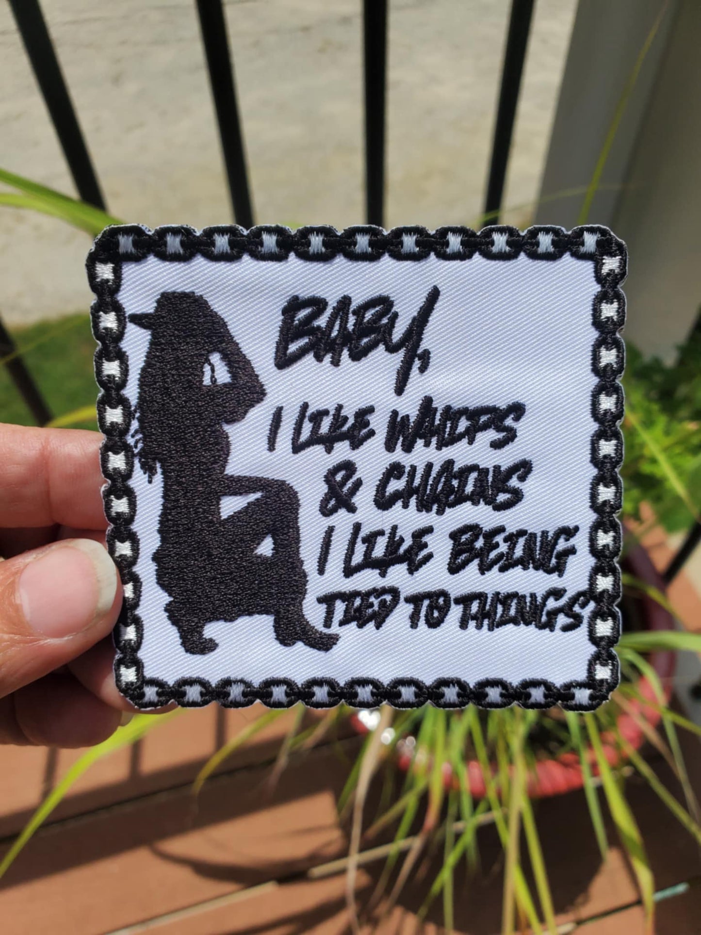 “I Like Whips & Chains” Inspired Patch — Bold Statement Embroidery