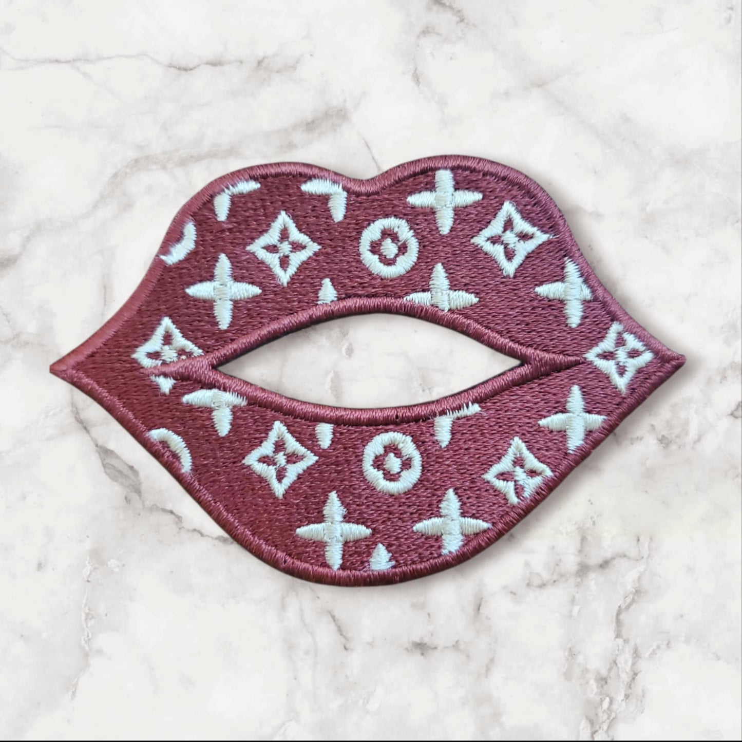 Larger Designer-Inspired Lips Embroidered Patch - Brown and Cream Monogram Pattern