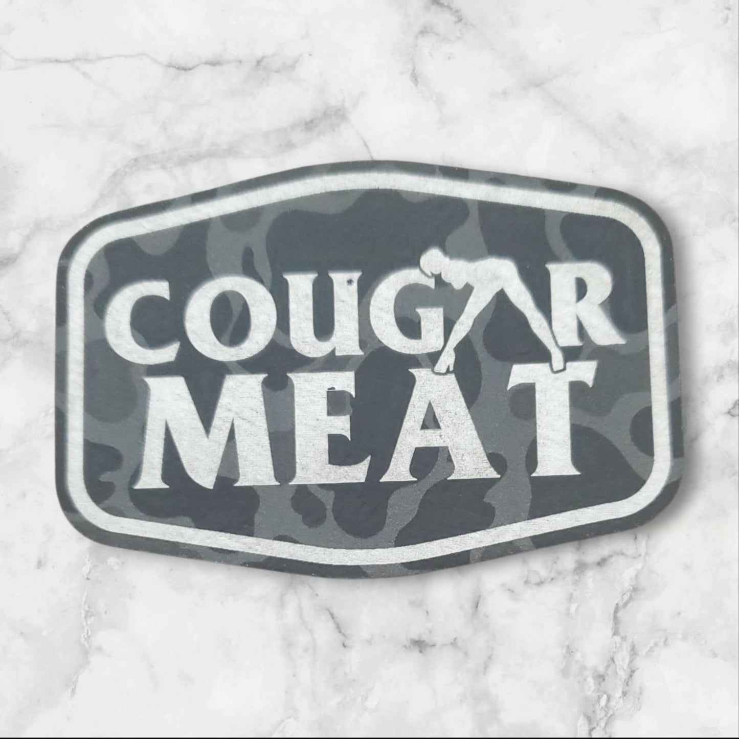 Premium Leather Patch – "COUGAR MEAT" Engraved  Black Camo Silver Lettering