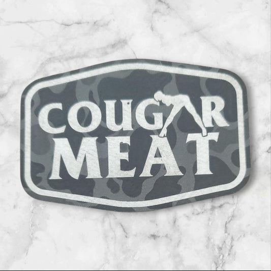 Premium Leather Patch – "COUGAR MEAT" Engraved  Black Camo Silver Lettering