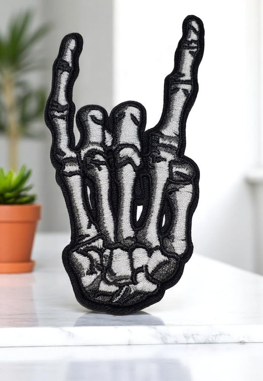 Retro Skeleton Hands – Iron-On Embroidered Patch (4.5” Tall)