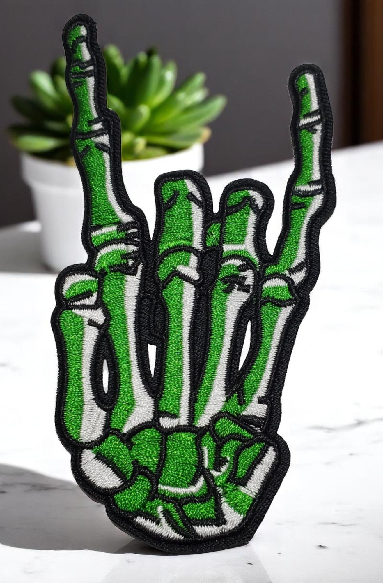 Retro Skeleton Hands – Iron-On Embroidered Patch (4.5” Tall) Green accents