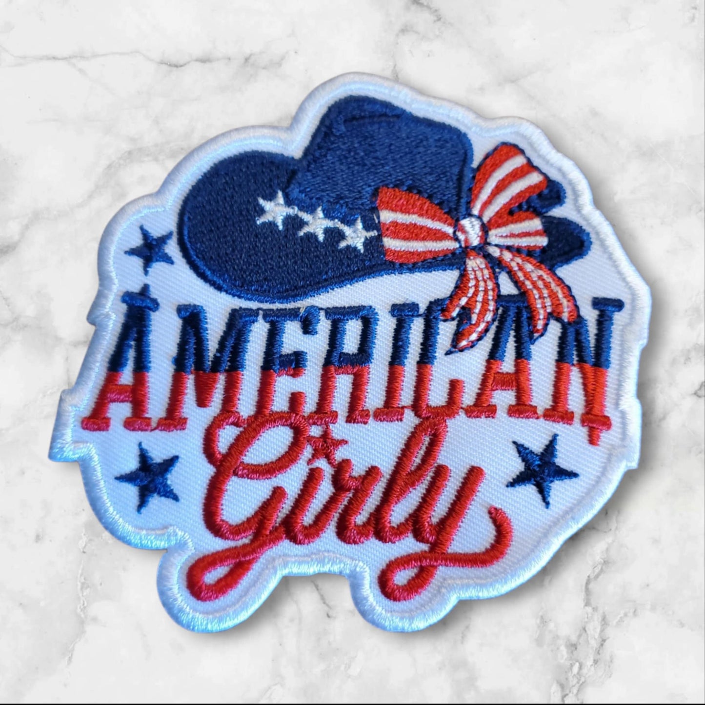 American Girly Patriotic Embroidered Patch - Stars & Stripes Cowboy Hat with Bow Design