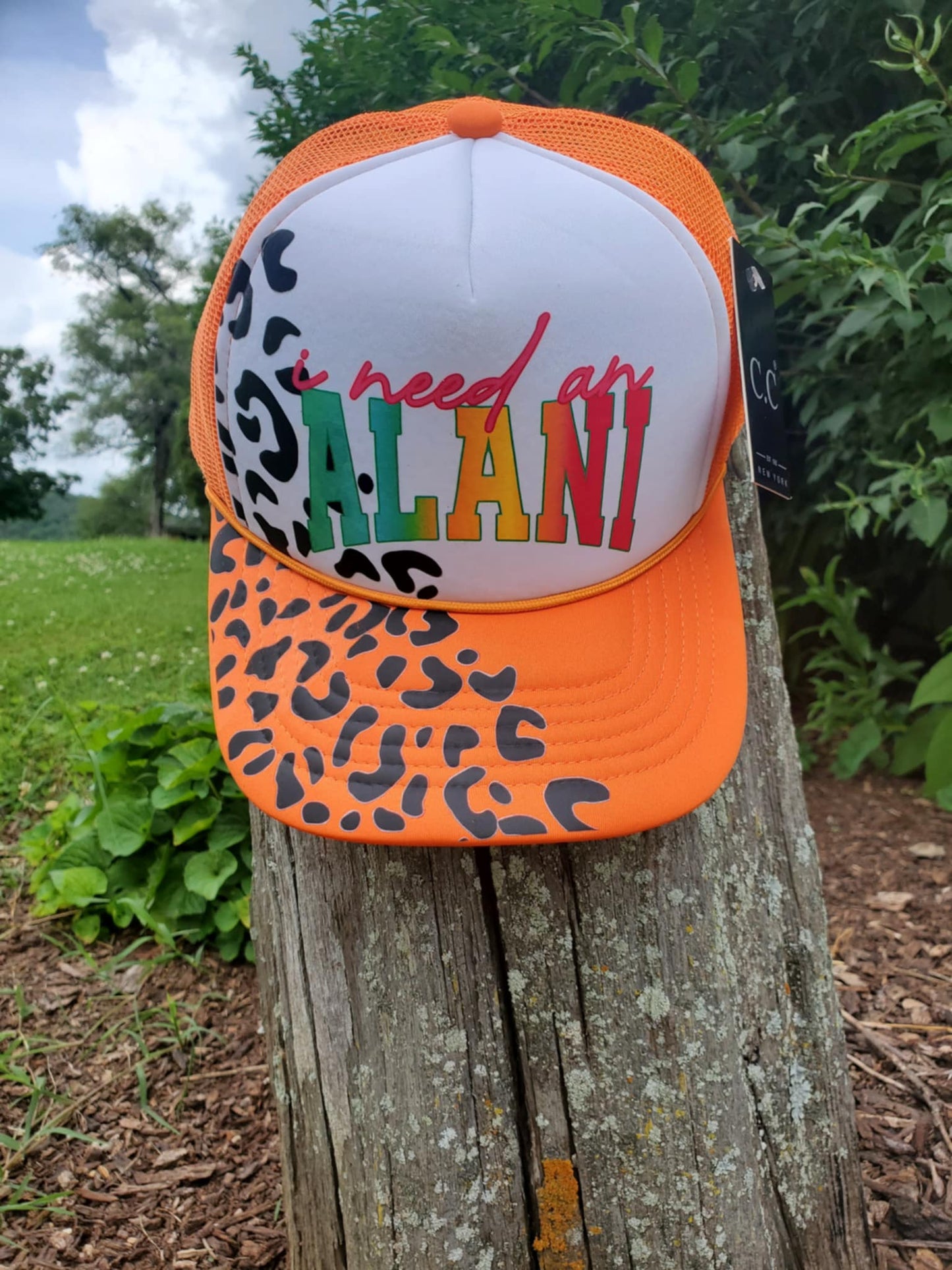 "I Need an Alani" Trucker Hat – Orange & White with Cheetah Print Brim