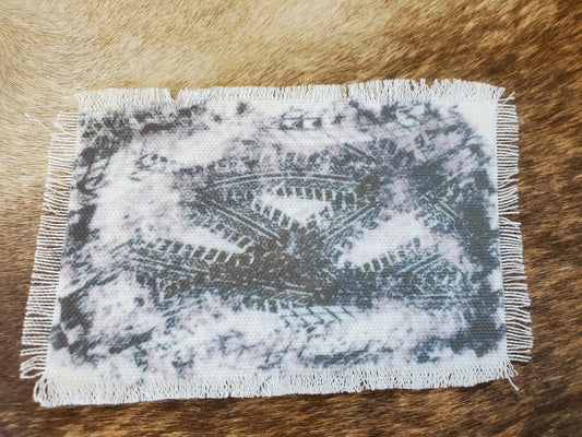 Rustic Iron-On Patches | Handmade Canvas Style Patches with Fringe Edge | Tire Track Background