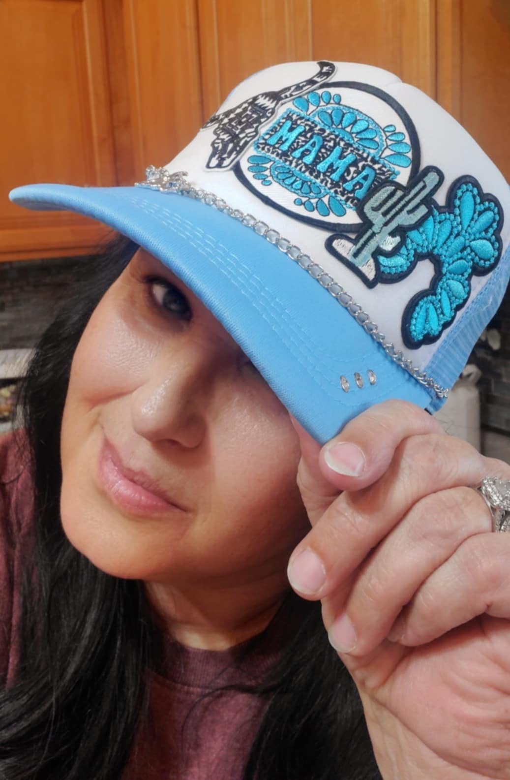 Turquoise and White Trucker Hat with Premium Western Mama Patches