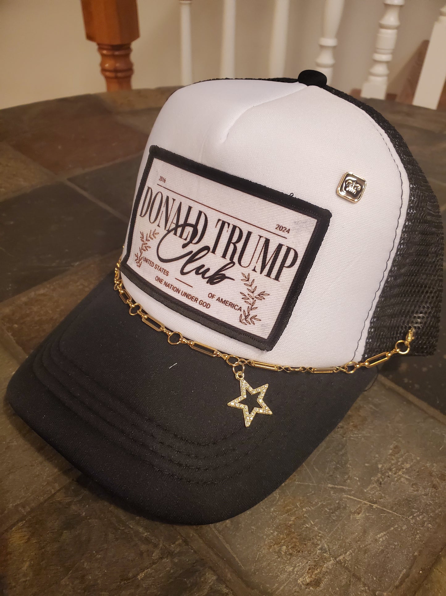 Trump Club Trucker Hat,  Black and White 5-Panel Trucker Hat with Trump Club Patch, Rhinestone Star Charm, and Custom Gold Hat Chain