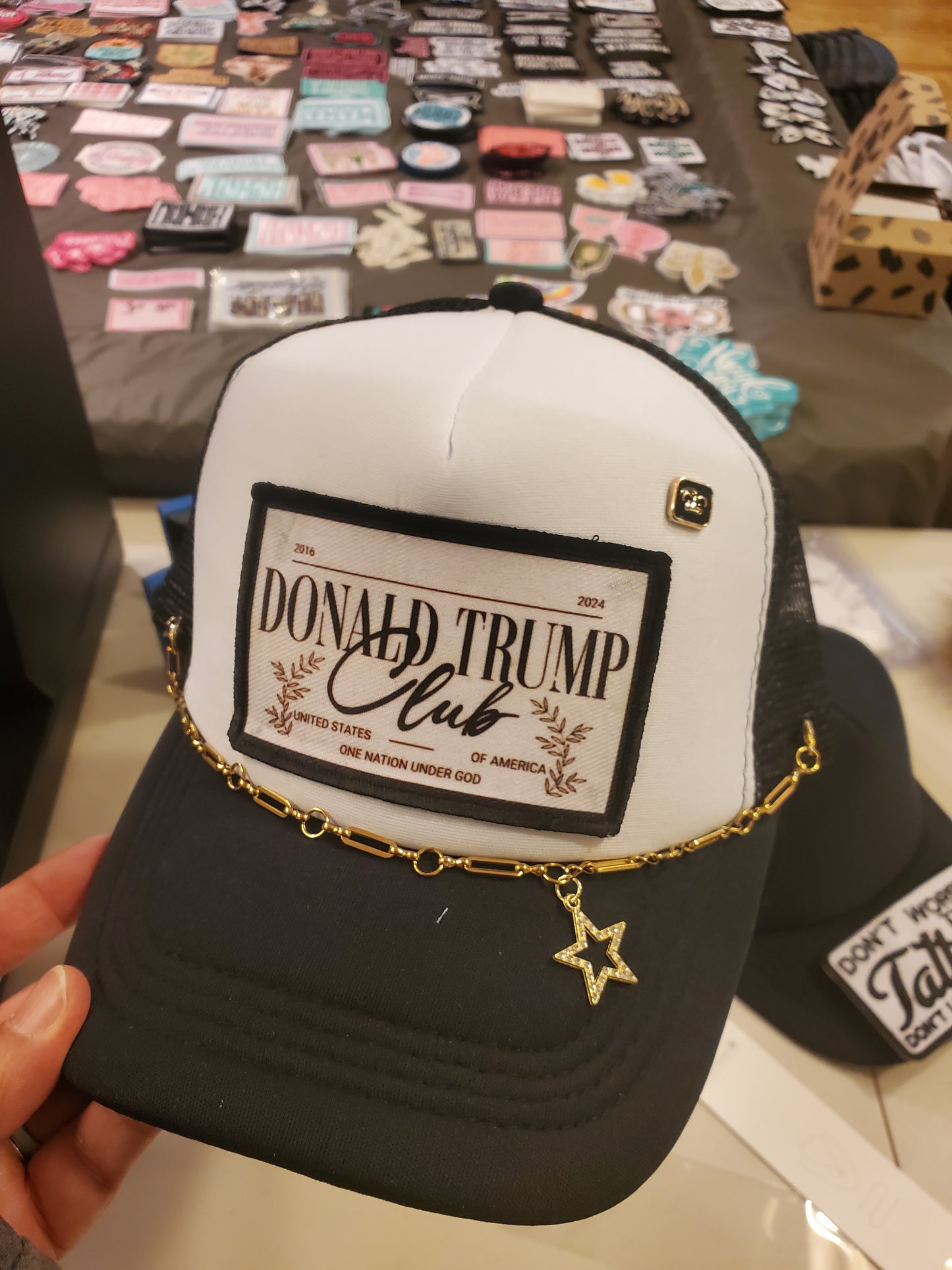 Trump Club Trucker Hat,  Black and White 5-Panel Trucker Hat with Trump Club Patch, Rhinestone Star Charm, and Custom Gold Hat Chain