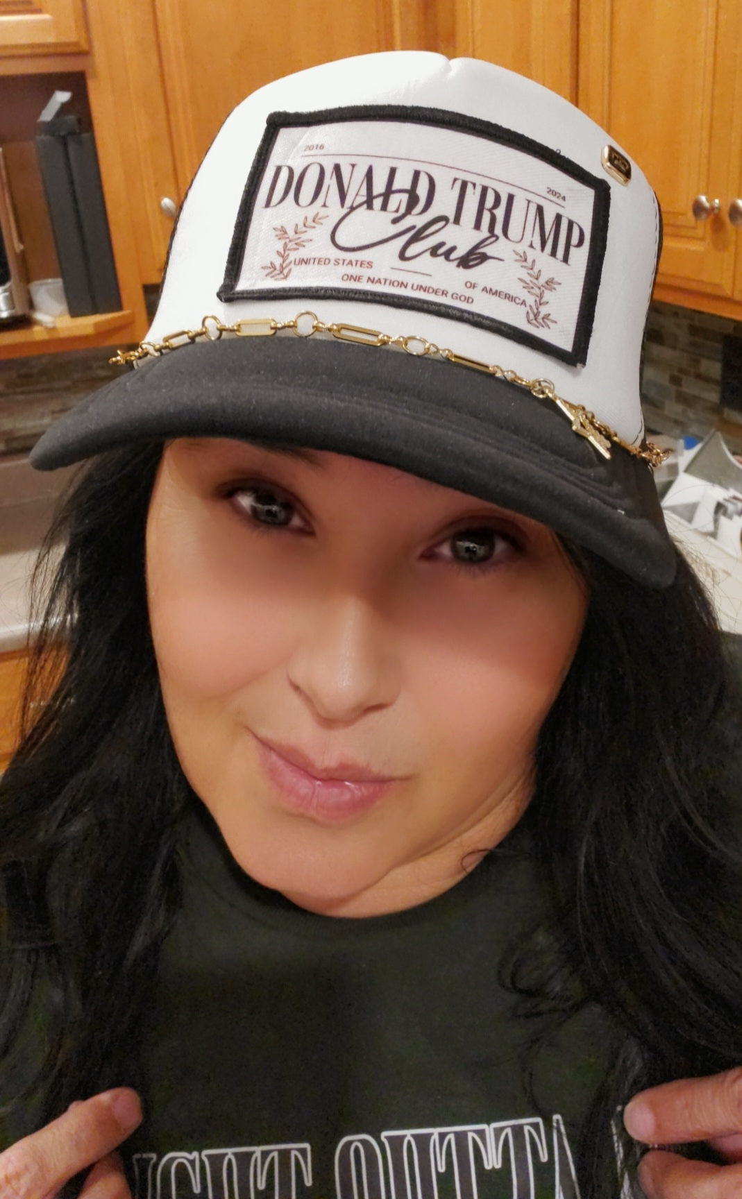 Trump Club Trucker Hat,  Black and White 5-Panel Trucker Hat with Trump Club Patch, Rhinestone Star Charm, and Custom Gold Hat Chain