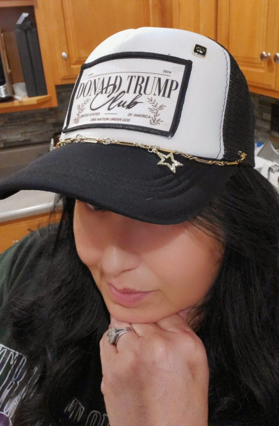 Trump Club Trucker Hat,  Black and White 5-Panel Trucker Hat with Trump Club Patch, Rhinestone Star Charm, and Custom Gold Hat Chain