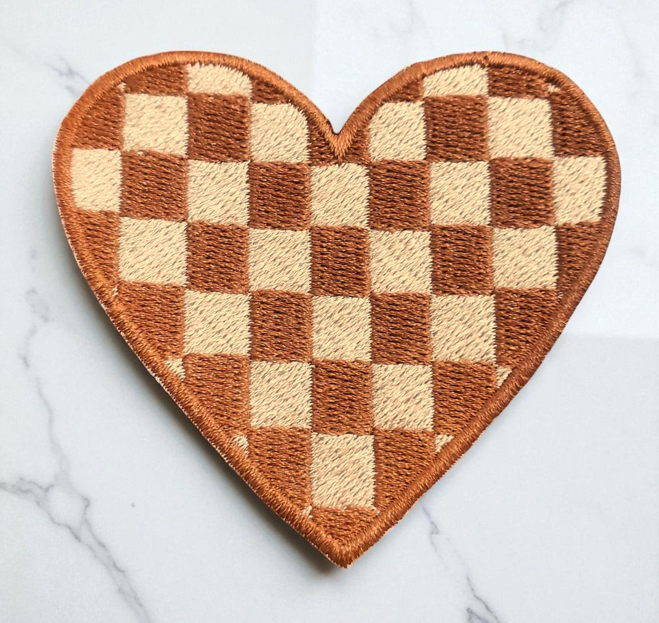 Tan & Cream Checkered Embroidery Heart Patch